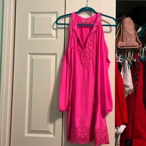 Hot pink lace detail dress open shoulder
